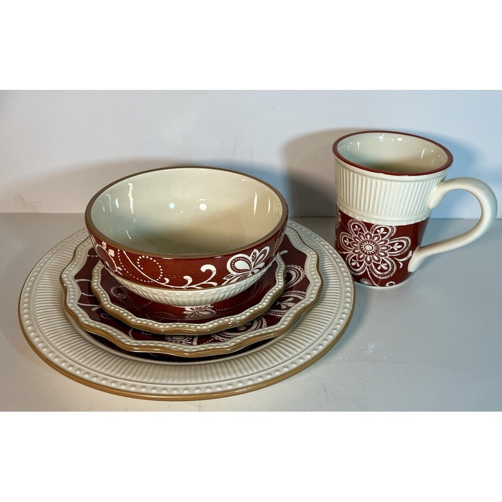 Pier 1 Imports Ironstone MARIBETH 5‎ Piece Place Setting Red Cream Flowers